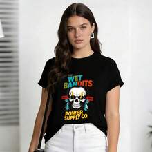 Women's Summer Clothing, Soft And Casual Cotton Round Neck T-Shirt, Skull, Eyes And Lightning Print By THE WET BANDITS POWER SUPPLY CO. Color White. - 黑色 - 查看 3