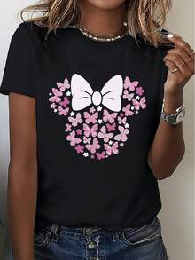 Women's Casual Sports T-Shirt With Butterfly Bow Design In Pink And Purple - Black Elastic Round Neck T-Shirt, Machine Washable, Comfortable Fit And Perfect For All Seasons, For Daily Use And Casual Activities. - 黑色 - 查看 1
