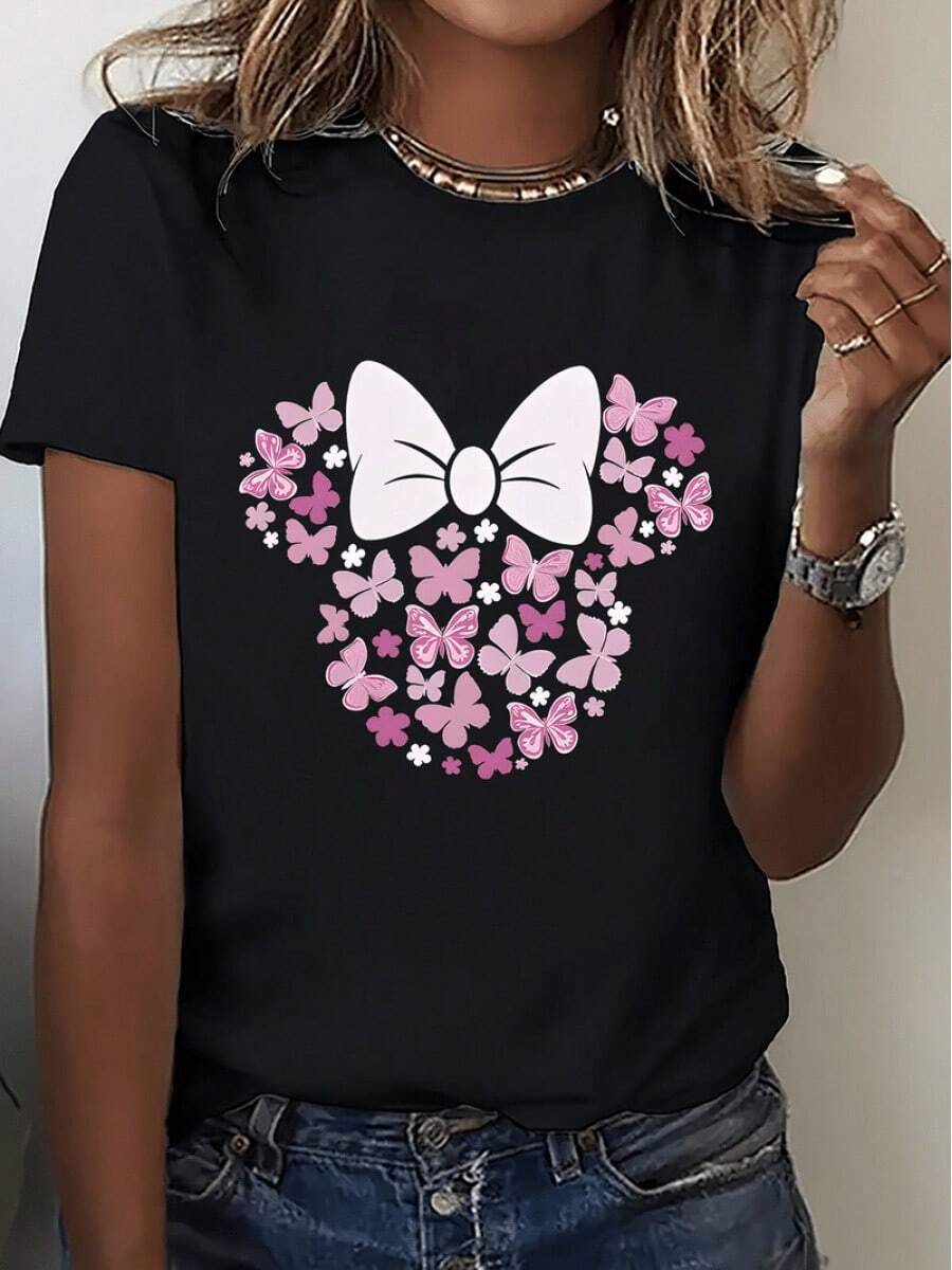 Women's Casual Sports T-Shirt With Butterfly Bow Design In Pink And Purple - Black Elastic Round Neck T-Shirt, Machine Washable, Comfortable Fit And Perfect For All Seasons, For Daily Use And Casual Activities. - 黑色 - 查看 1