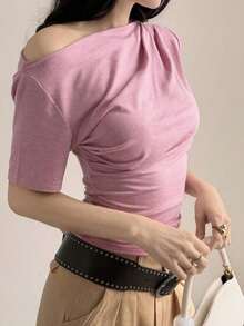 Camiseta blanca de manga corta de ajuste ceñido con cuello oblicuo de unicolor para mujer, top de verano para salir - Rosa - Ver 5