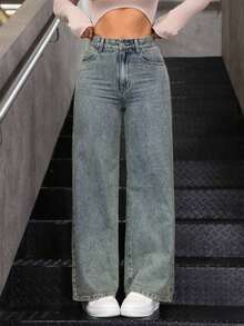 Unity Jeans de mezclilla lisos y casuales para mujer - Azul lavado oscuro - Ver 6