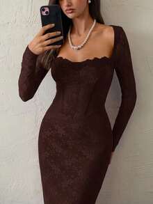 Vestido negro ajustado hasta el suelo con cuello corsé ahuecado y mangas largas con encaje en forma de S sexy para mujer para fiestas, citas y banquetes de otoño/invierno nuevo - Marrón Chocolate - Ver 6