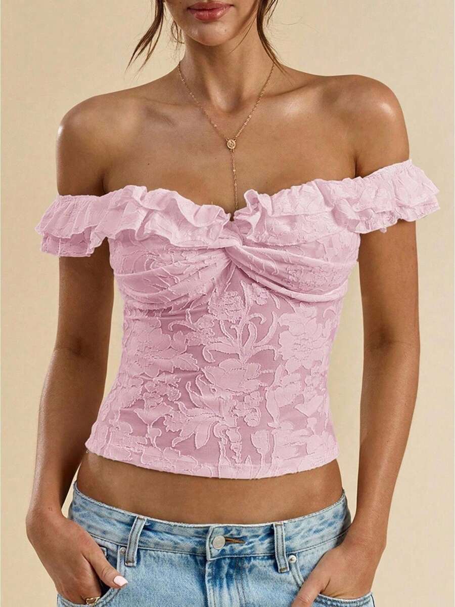 Women Summer Coquette Off Shoulder Ruffle Lace Crop Top Twist Front Short Sleeve Blouse - Pink - View 1