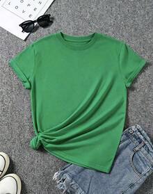 Casual T-Shirt With Sunflower Print - With Bow Design - Casual Round Neck, Short Sleeve,  Spring/Summer T-Shirt - Unisex Loose Cotton T-Shirt With Short Sleeves And Urban Vintage Style Round Neck. - 綠色的 - 查看 2
