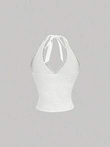 Blusa de unicolor con cuello halter y cordón, ajustada y versátil para uso casual, verano, vacaciones, estilo retro, vintage, campo, salidas, picnic, linda, color amarillo - Blanco - Ver 4