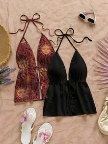 2 piezas Camiseta sin espalda con escote en V y tirantes con estampado de leopardo sexy, adecuada para vacaciones, citas, té de la tarde, vacaciones, festivales de música, estilo bohemio - Multicolor 12 - Ver 7