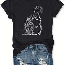 Women's 100% Cotton T-Shirts 2026 Hedgehog Print Round Neck T-Shirt, Casual Short Sleeve T-Shirt For Spring And Summer, Korean Style Women's Clothing - Black - View 6