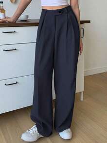 1 pieza Pantalón de vestir de cintura alta con bolsillos en diagonal, atuendo de negocios para mujer - Azul marino - Ver 2