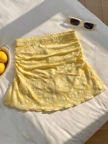 Minifalda acampanada fruncida con estampado de lunares para el verano - Amarillo 2 - Ver 4