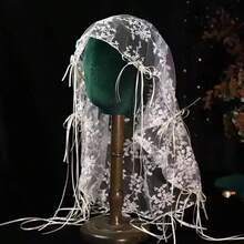 1 Peça Tiara de Noiva Francesa Elegante Bordada Curta, Véu de Noiva Vintage de Renda Completa com Tule Macio Comprimento de Ombro com Decoração de Laço e Fita, Véu de Casamento Elegante, Acessório de Vestido de Noiva - Branco - Visão 6