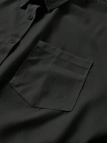 Camisa casual de mujer de unicolor, de manga corta, con hombros caídos y botones delanteros, para verano - Negro - Ver 4