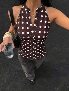 Camisa de mujer con estampado de rayas azules y blancas en todo el diseño, de estilo minimalista y casual, adecuada para vacaciones de primavera/verano - Marrón - Ver 5