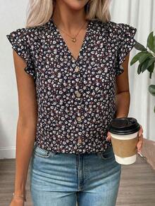Clasi Blusa de mujer de verano con cuello en V y mangas cortas con estampado floral - Negro - Ver 5