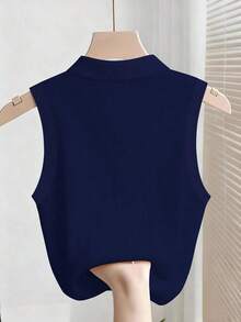 Camiseta sin mangas de mujer de punto acanalado, elegante y de moda - Azul marino - Ver 2