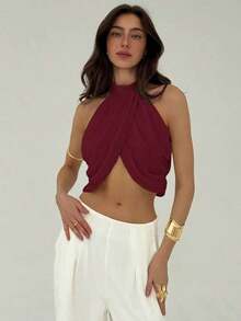 Blusa elegante y sexy para mujer con cuello cruzado, fruncido en la espalda y botones, de estilo casual y de vacaciones, de gasa - Burdeos - Ver 4