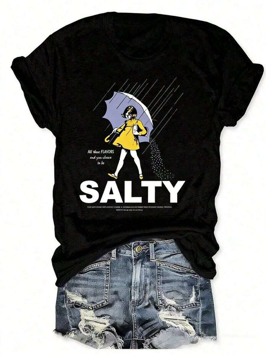Cute Unisex Premium Casual T-Shirts, Plus Size, Umbrella Print T-Shirt - Vintage Style, Summer Beachwear For Women, Perfect For Vacation And Everyday Wear, Unisex T-Shirt, Suitable For Casual Daily Outings, Short Sleeve Summer Top, Retro Y2K Print T-Shirt - 黑色 - 查看 1