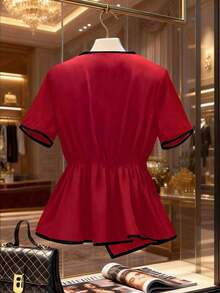 Blusa de mujer elegante de manga corta con estampado, top casual y versátil - Rojo - Ver 2