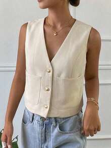 Chaqueta ajustada sin mangas de cuello redondo de unicolor para mujer, primavera y verano - Albaricoque - Ver 5