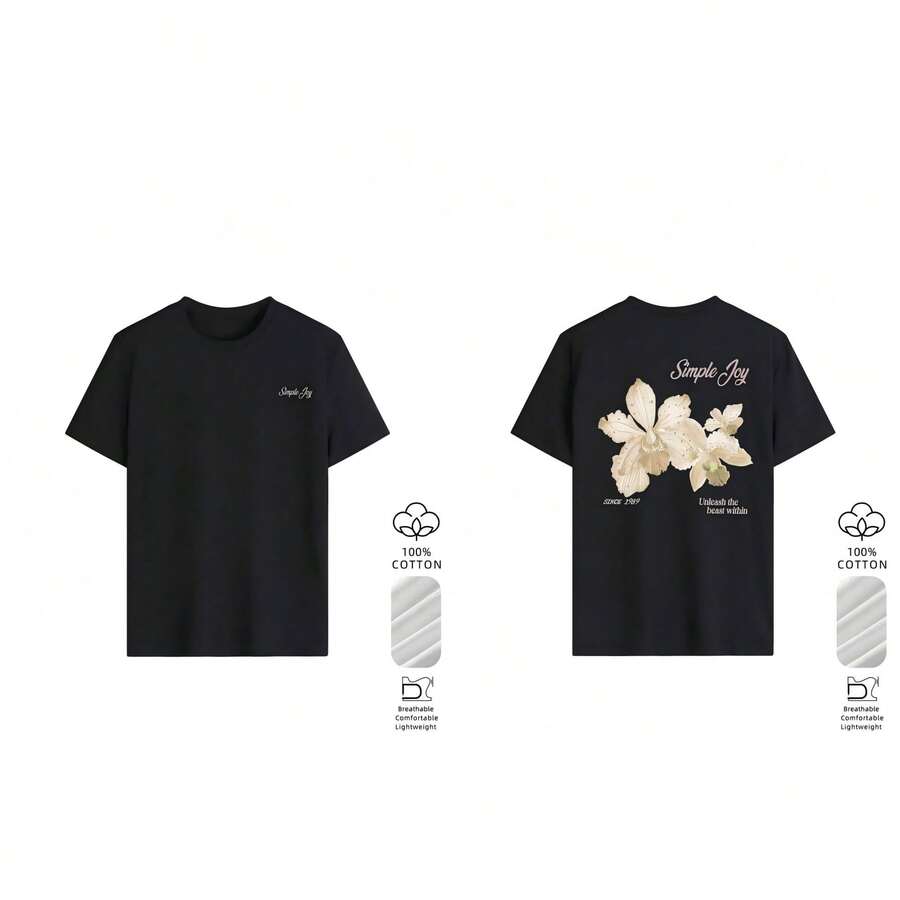 Women's Round Neck T-Shirt With Colorful Letter And Flower Print, Fashionable And Versatile Graphic Tee, Casual Summer Vacation Style Black For Women - 黑色 - 查看 1