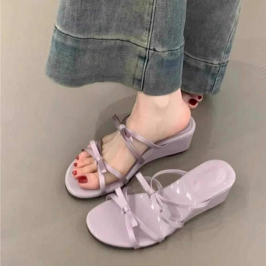 Nuevas Sandalias de Verano con Punta Redonda y Lazo, Cómodas, de Tacón Alto, Elegantes, de Cuña, Casuales para Mujer - estampado de leopardo - Ver 1