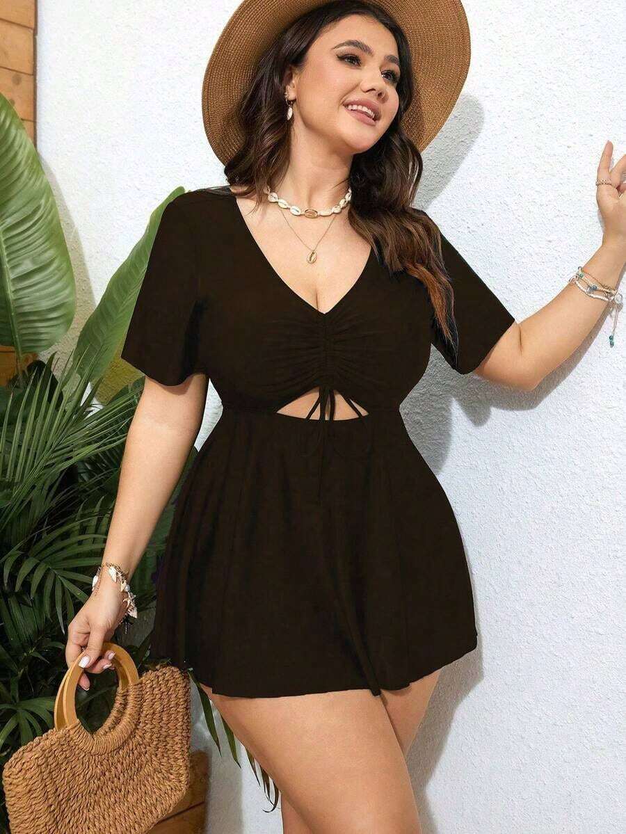 VCAY Vestido de traje de baño informal con cuello en V y cordón ajustable, de manga corta, para mujer de talla grande, a juego con la Bottom - Óxido marrón - Ver 1