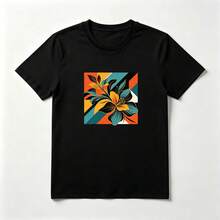 Flor Abstracta Playera de Algodón Negro Suave con Bloques - Negro - Ver 1