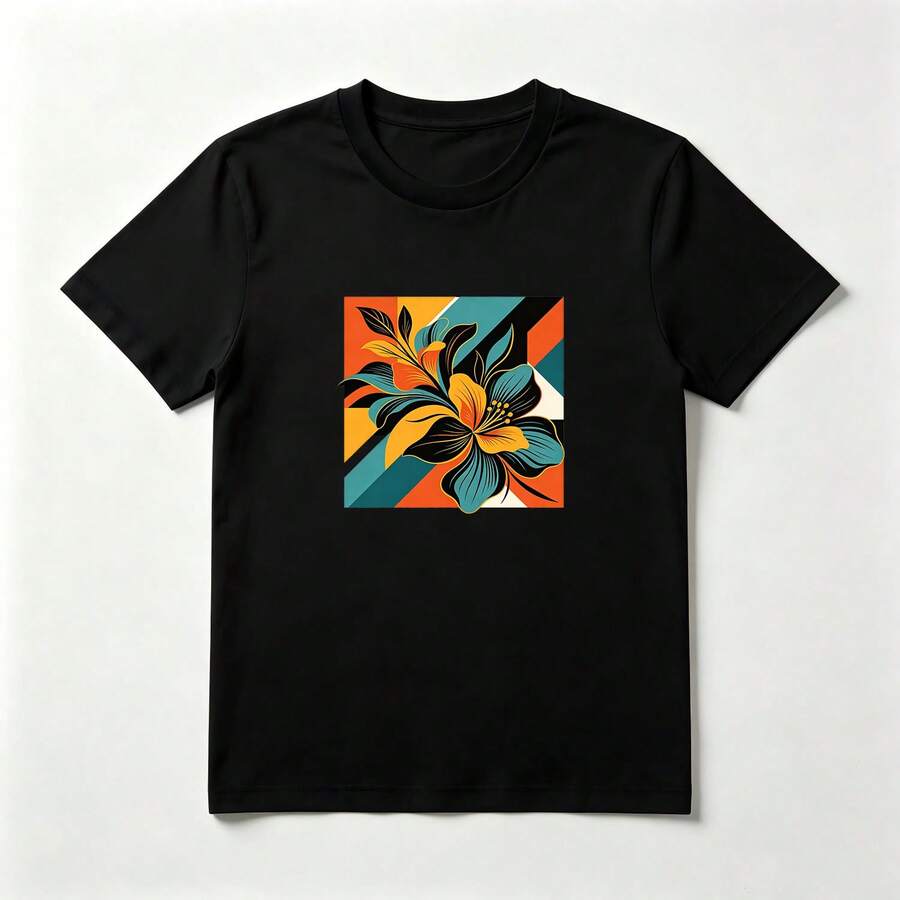 Flor Abstracta Playera de Algodón Negro Suave con Bloques - Negro - Ver 1