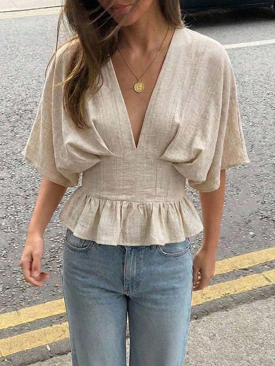 Blusa de manga de murciélago de unicolor elegante para mujer, de verano - Albaricoque - Ver 1