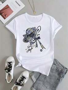 Camisa con Estampado de Nudo de Mariposa, Blusa Casual de Manga Corta con Cuello Redondo para Mujer - Blanco - Ver 3