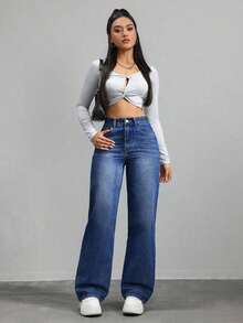 Unity Jeans de mezclilla de pierna ancha recta de diseño simple con cintura alta para mujeres a la moda - Azul lavado oscuro 2 - Ver 4