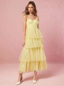 Vestido de mujer elegante de unicolor con tirantes de malla - Amarillo - Ver 8