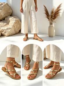 TULIPANO Sandalias planas de mujer cruzadas para el verano sandalias planas primavera verano cómodas para uso diario trabajo y vacaciones estilo casual - Dorado - Ver 3
