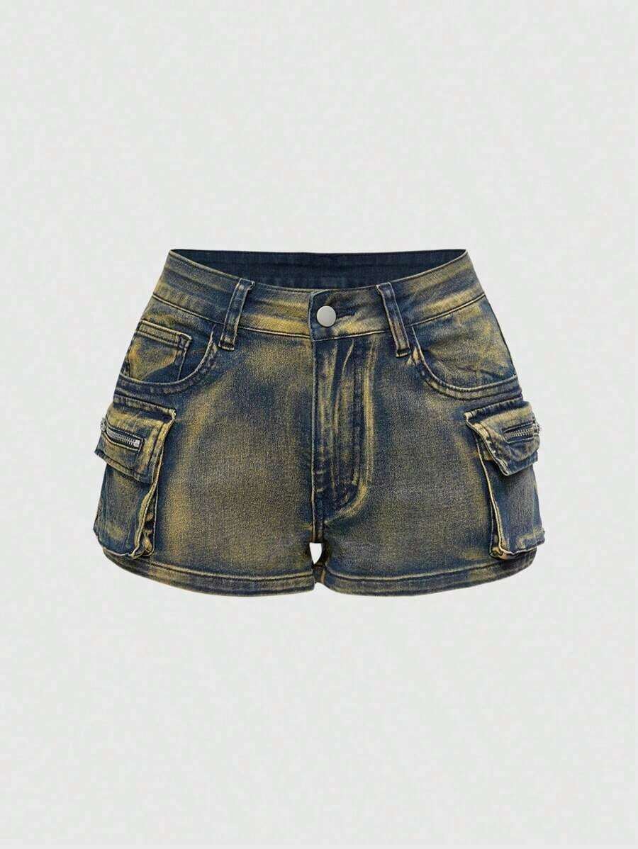 Grunge Punk Conjuntos de verano para mujer: shorts mini de tiro bajo de mezclilla desgastada, estilo de calle punk - Amarillo - Ver 1