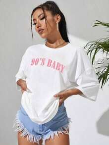 Camiseta Oversize con Estampado de Letras y Hombros Caídos, Camisetas Gráficas para Mujer, Unisex, 100% Algodón - Blanco - Ver 5
