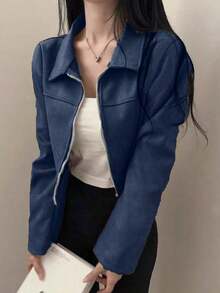 Chaqueta con cremallera de unicolor y cuello de ante sintético para mujer, uso casual para la escuela, el aeropuerto, primavera/otoño - Azul oscuro - Ver 4
