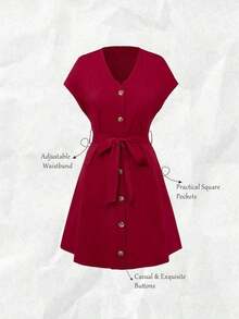 Vestido sencillo y diario para mujer con cinturón y unicolor para el verano - Rojo 2 - Ver 7