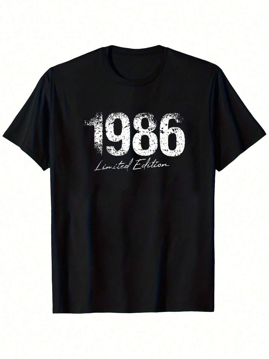 Camiseta de Edición Limitada Vintage 1986 para Hombre - Diseño Gráfico con Números Desgastados, Ligera y Transpirable, Cuello Redondo, Uso Casual al Aire Libre para Gimnasio y Uso Diario - Estilo Casual Retro (Lavable a Máquina) - Negro - Ver 1