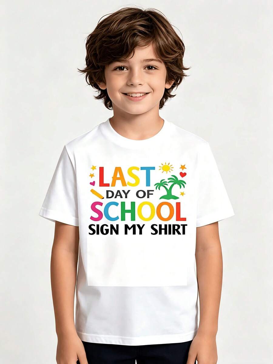 Camiseta colorida con estampado de "Último Día de Clases", adecuada para niños de 6 a 14 años - Divertida camiseta casual negra con diseños vibrantes que incluyen palmeras, corazones y estrellas, perfecta para celebrar el final del año escolar y las aventuras de verano. - Blanco - Ver 1