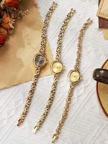 1pc/Set Vintage Twist Chain Gold Watch, Round Dial Women's Quartz Wristwatch - Gold - View 1