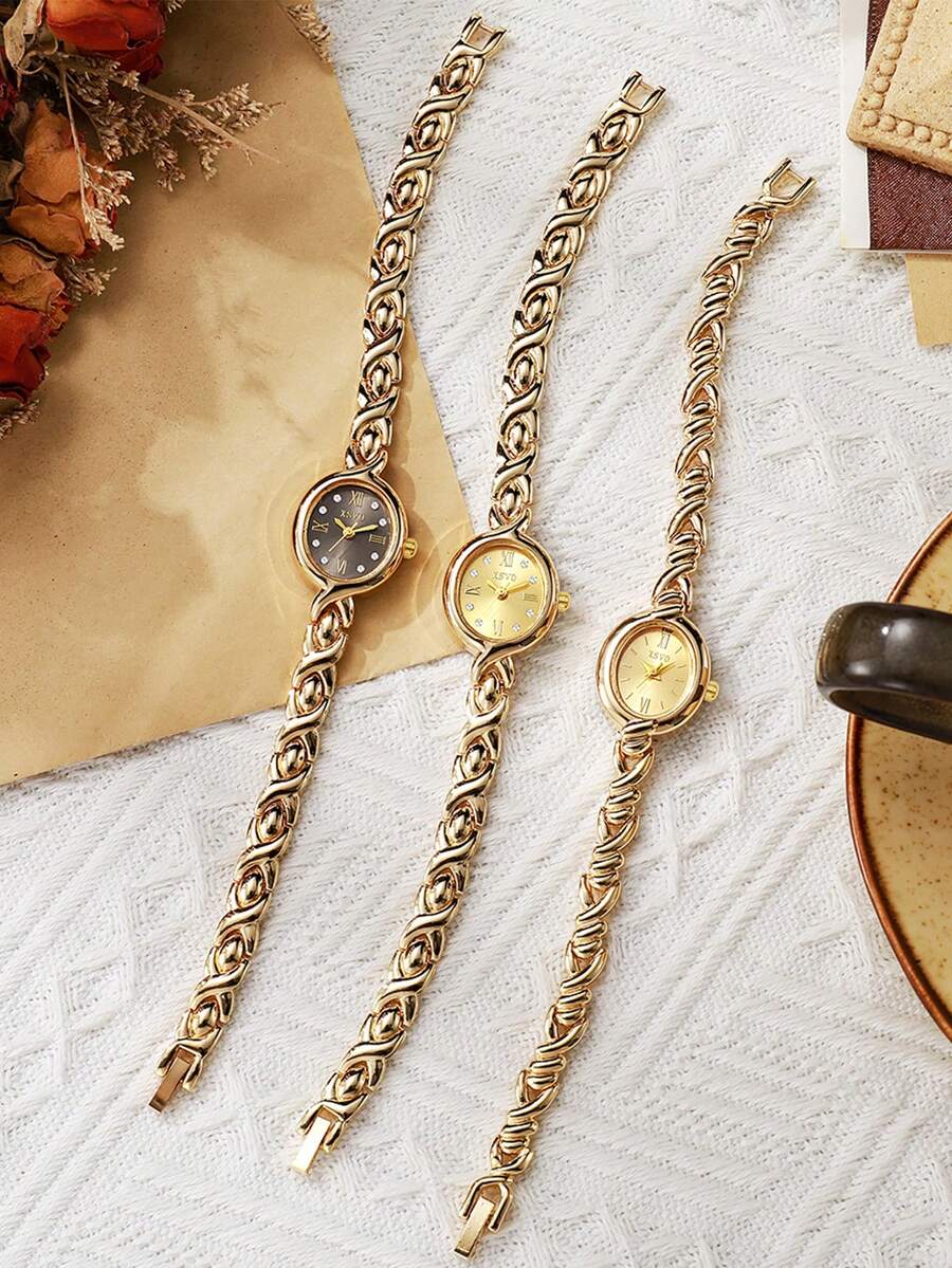1pc/Set Vintage Twist Chain Gold Watch, Round Dial Women's Quartz Wristwatch - Gold - View 1