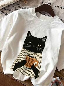 Camiseta de Verano Casual para Mujer, Estilo Ilustrado, Estampado de Gato Negro, Cuello Redondo, Manga Corta - Blanco - Ver 3