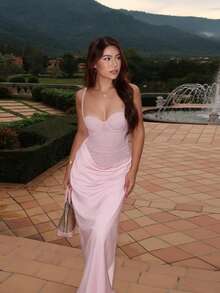 Vestido tirantes con encaje combinado cremallera trasera corte entallado estilo sexy elegante nueva colección verano moda europea para mujer - Rosa - Ver 5