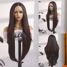 13*4 Lace Front Wigs Burgundy & Brown/Many Many Color 28-Inch Long Straight Wig For Women -Natural Curly Transparent Lace At The End Of The Hair Breathable, Natural-Looking Synthetic Hairpiece With Middle Part, Heat Resistant, Perfect For Daily Wear - Coffee Brown - View 12