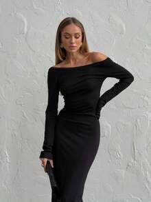 Vestido Largo Mujer Estilo Retro Americano, Manga Larga, Cuello Redondo, Espalda Descubierta, Ajustado, Elegante y Delicado - Negro - Ver 5