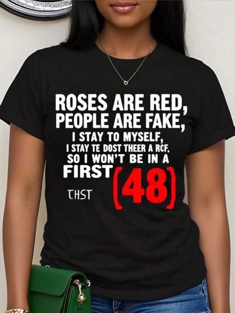 Camiseta Divertida con Frases Sarcásticas para Mujer - Diseño de Rosas Rojas, Personas Falsas y Número 48 - Camiseta Casual Negra Transpirable con Cuello Redondo - Camiseta Holgada para Uso Diario - Top Divertido para Fiestas y Atuendos Casuales, Camiseta de Verano para Mujer, Camiseta Divertida para Mujer, Camiseta Gráfica para Mujer, Top para Mujer, Camiseta de Manga Larga para Mujer, Camiseta para Mujer, Camiseta de Manga Larga para Mujer, Top de Manga Larga para Mujer, Camiseta Gráfica para Mujer, Camiseta para Maestra para Mujer, Hermosa Blusa para Mujer, Camiseta - Negro - Ver 1
