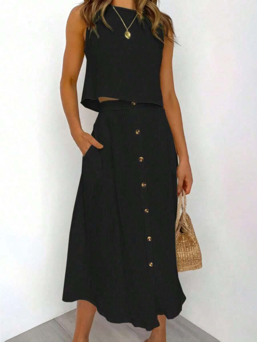Conjunto de 2 piezas para mujer: Blusa sin mangas de unicolor + Falda A-line casual y suelta con botones delanteros, conjunto de verano para mujer elegante - Negro - Ver 1
