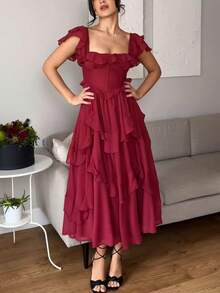 Vestido largo elegante con volantes espalda descubierta y corte calado para vacaciones - Burdeos - Ver 5