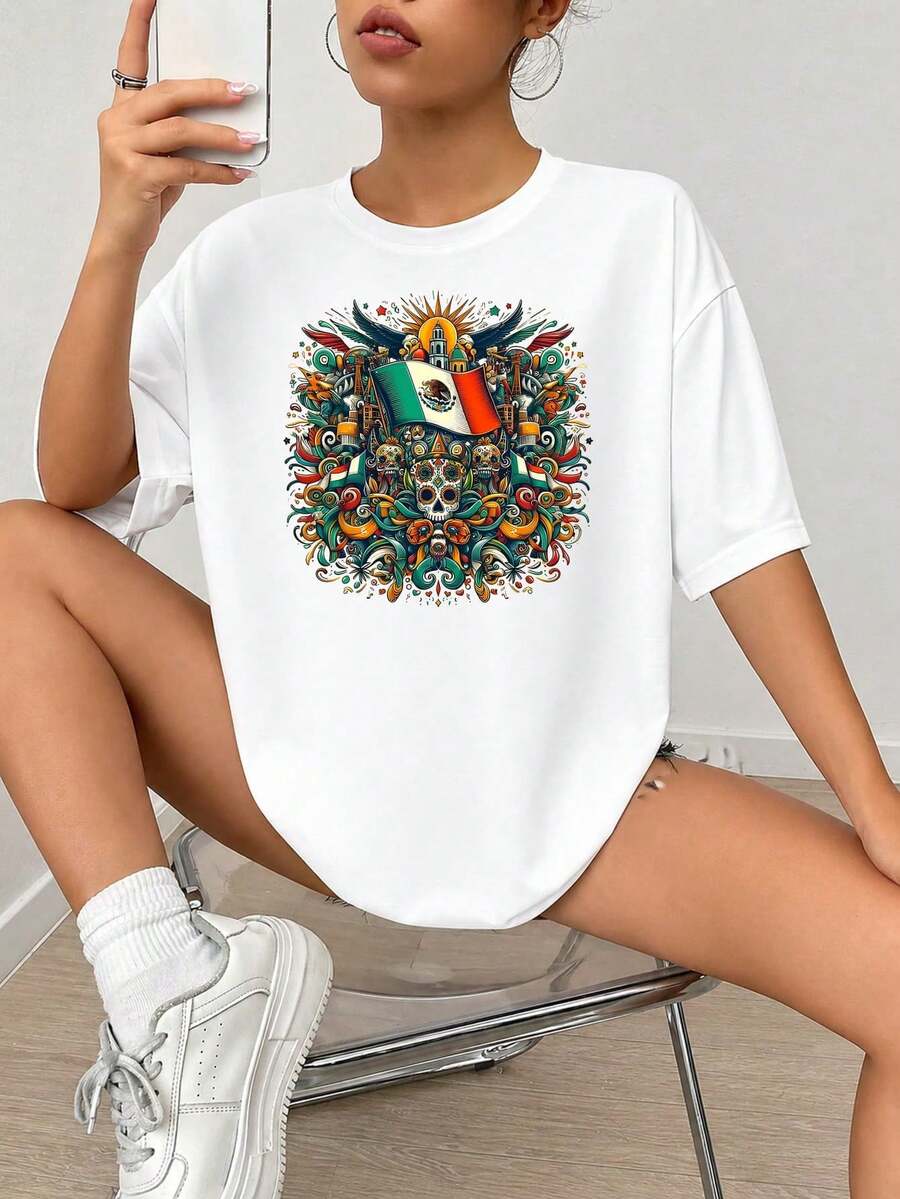 Impresión de arte de calavera mexicana, diseño del Día de los Muertos con Fl-ag y Catedral, gráfico de estilo de tatuaje colorido, para decoración de paredes o regalos de arte.jpgRegalos personalizados: Camisetas para mujer con estilos que van desde lo moderno, hippie, casual y minimalista. Ropa masculina personalizada única, armarios cápsula y prendas básicas/urbanas para hombre. Regalos ideales para novios, familiares y amigos, adecuados para cumpleaños, vacaciones, colegio/competiciones, deportes/escalada y más, así como para la moda de otoño y eventos urbanos. Blanco verano.