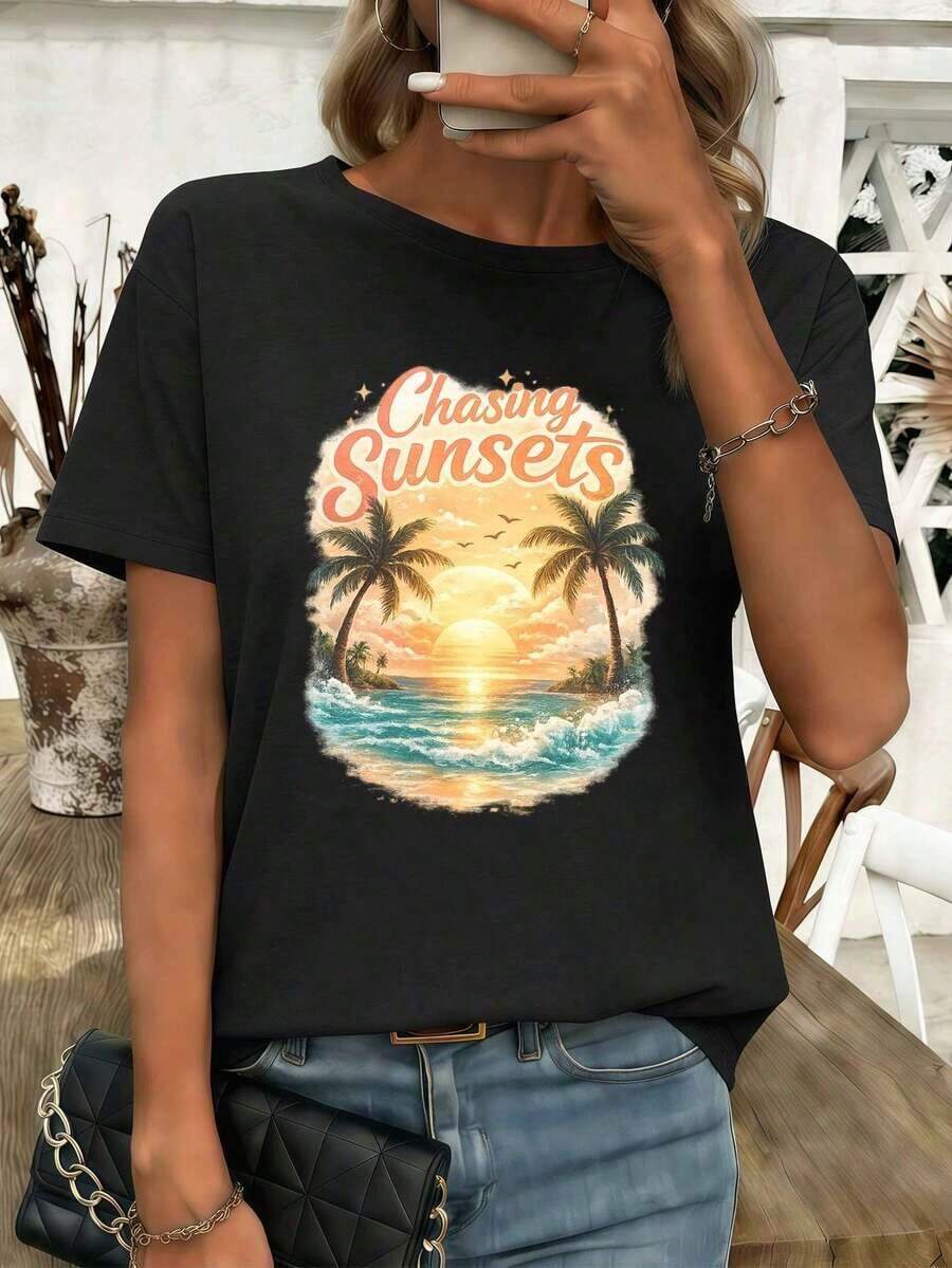 Camiseta de mujer con estampado gráfico de puesta de sol, algodón premium, estilo hip-hop urbano, cómoda, duradera, estampado gráfico único. Blusas Bonito 100% Algodón - Negro - Ver 1