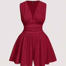 MOD V-Neck Ruffled Waist Short Plus Size Women's Jumpsuit - Rojo - Ver 1